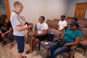 Volunteer teacher Hope Kaufman leads Haitian students during an English class at the Haitian Community Outreach and Support Center in Springfield, Ohio, on Sept. 13, 2024. (Photo: ROBERTO SCHMIDT / AFPGetty Images)