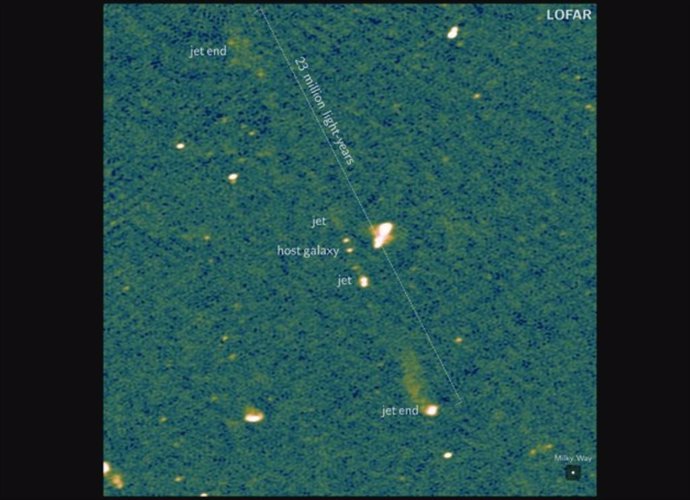 This image, taken by the European LOFAR (LOw Frequency ARray) radio telescope, shows the longest known pair of black hole jets.