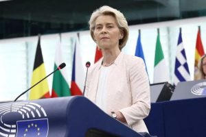 Ursula von der Leyen speaks at the European Parliament in Strasbourg, France, on July 18, 2024. Frederick Florin/AFP/Getty Images