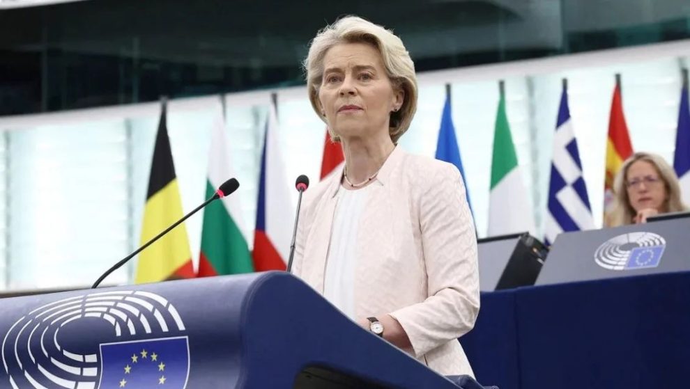 Ursula von der Leyen speaks at the European Parliament in Strasbourg, France, on July 18, 2024. Frederick Florin/AFP/Getty Images