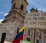 People take part in a demonstration called by unions in support of Colombian President Gustavo Petro's pension reforms, at Plaza Bolivar in Bogota on September 19, 2024. (Photo by Alejandro Martinez / AFP)