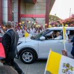 Pope Francis arrives at Caritas Technical Secondary School in Port Moresby on Saturday.