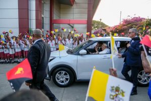 Pope Francis arrives at Caritas Technical Secondary School in Port Moresby on Saturday.