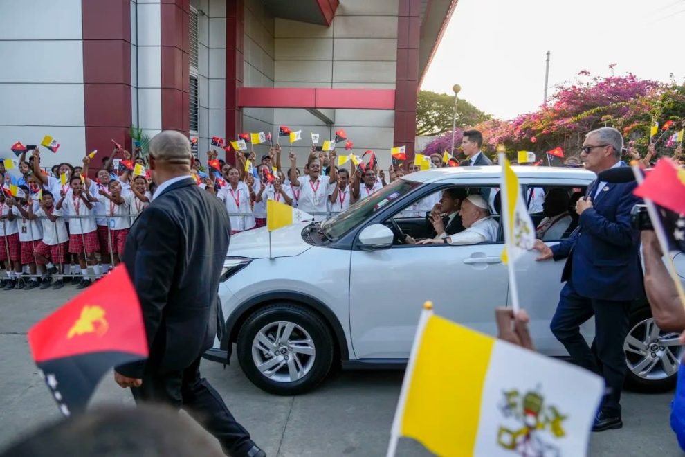 Pope Francis arrives at Caritas Technical Secondary School in Port Moresby on Saturday.