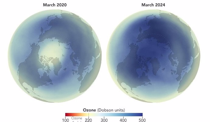 Difference in ozone layer density over the Arctic from 2020 to 2024