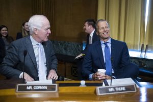 Sens. John Cornyn, R-Texas, and John Thune, R-South Dakota, appear before a Senate Finance Committee hearing in Washington in 2019.