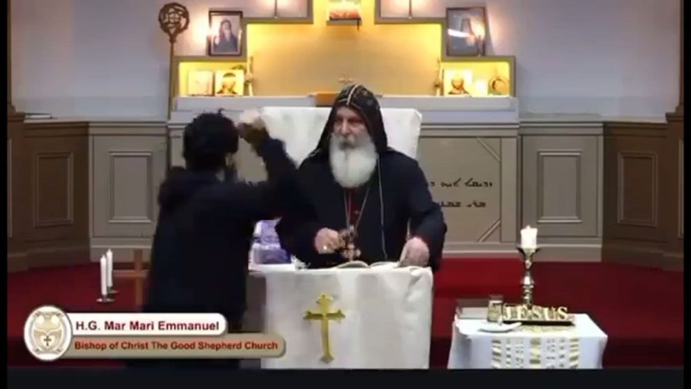 A live broadcast of the church service shows Bishop Mar Mari Emmanuel being attacked.