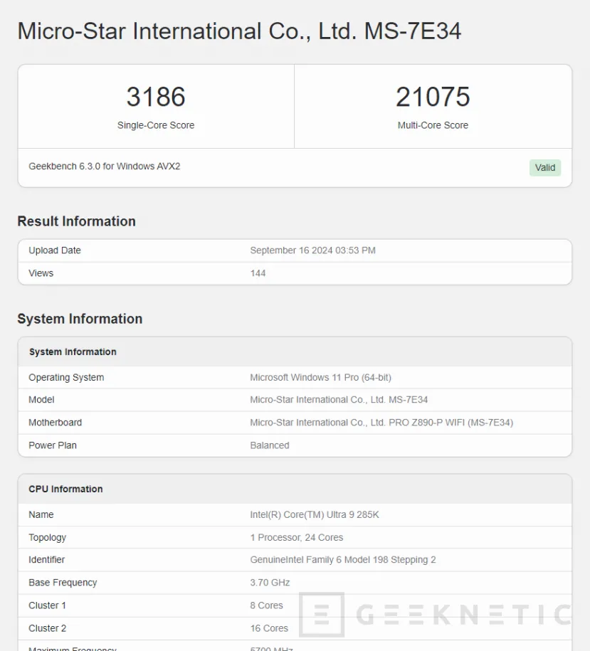 Geeknetic The Core Ultra 9 285K and Core Ultra 7 265KF appear in Geekbench 6, scoring 3,186 points in a single core 1