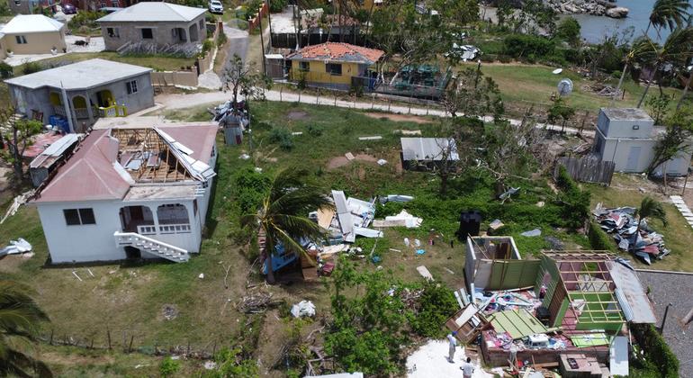 An aerial view of homes destroyed during Hurricane Beryl's passage through Jamaica.