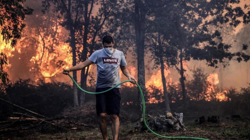 A man holds a hose while fighting a forest fire in Macinhata da Seixa, Oliveira de Azemeis.