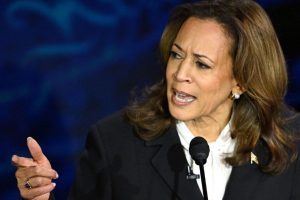 Vice President Kamala Harris speaks during the presidential debate at the National Constitution Center in Philadelphia, Sept. 10.