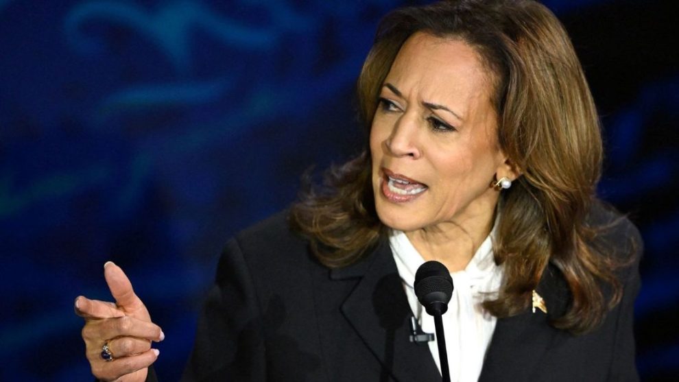 Vice President Kamala Harris speaks during the presidential debate at the National Constitution Center in Philadelphia, Sept. 10.