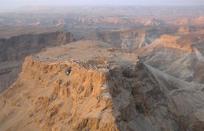 Aerial view of the ancient fortress of Masada, with the assault ramp built by the Romans on the right