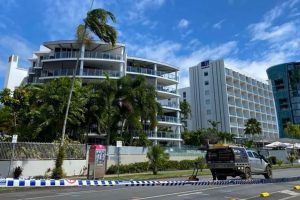 Police tape near the DoubleTree by Hilton hotel after a helicopter crashed into its roof, in Cairns, on August 12, 2024.