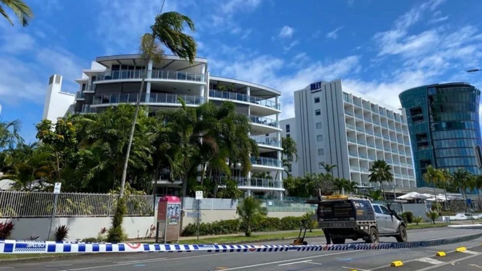 Police tape near the DoubleTree by Hilton hotel after a helicopter crashed into its roof, in Cairns, on August 12, 2024.