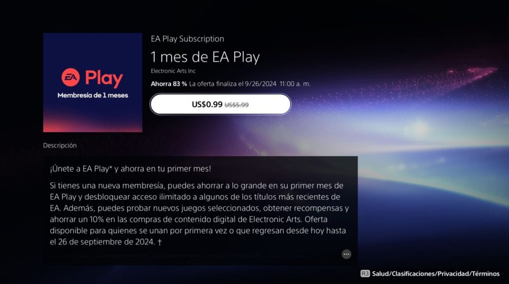 EA Play is almost free on PlayStation and costs $0.99 USD