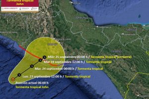 Trajectory of Tropical Storm John predicted by the Mexican National Meteorological Service.