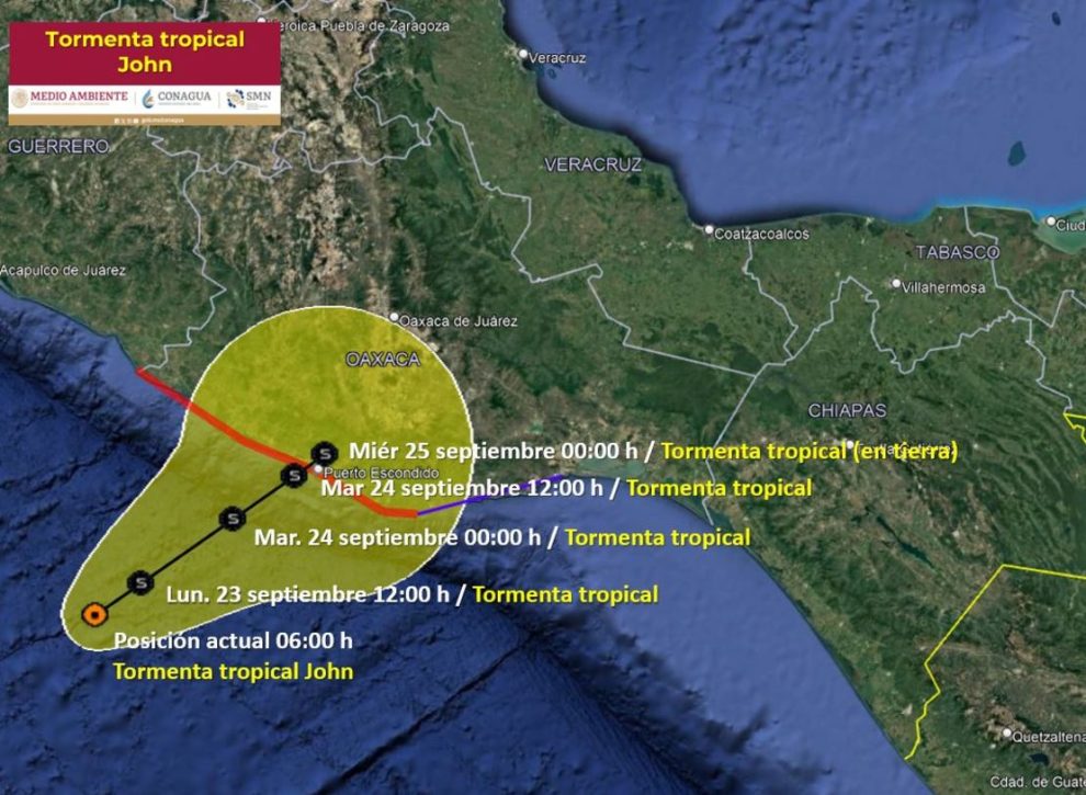 Trajectory of Tropical Storm John predicted by the Mexican National Meteorological Service.