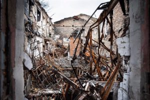 File - Archive image of a destroyed house in Kherson.