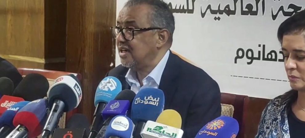 WHO Director-General Dr Tedros Adhanom Ghebreyesus gives a press conference in Port Sudan. On the right, WHO Regional Director for the Eastern Mediterranean Hanan Balkhy.