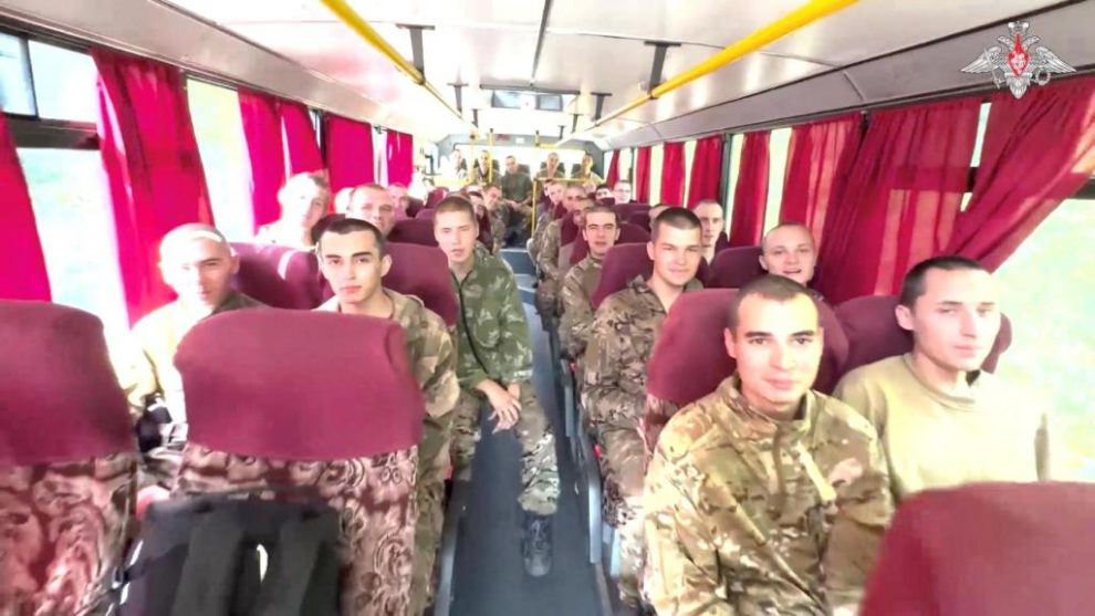 Image taken from a published video showing several Russian soldiers after the latest prisoner exchange.