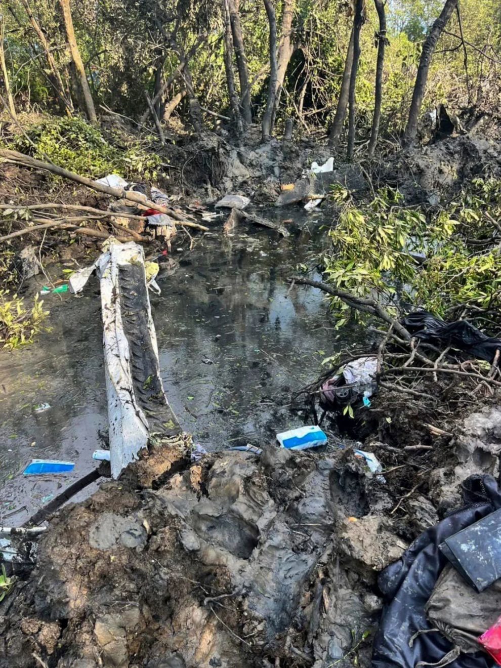 The wreckage of the aircraft is seen at the crash site in Chachoengsao province, Thailand, on August 22, 2024.