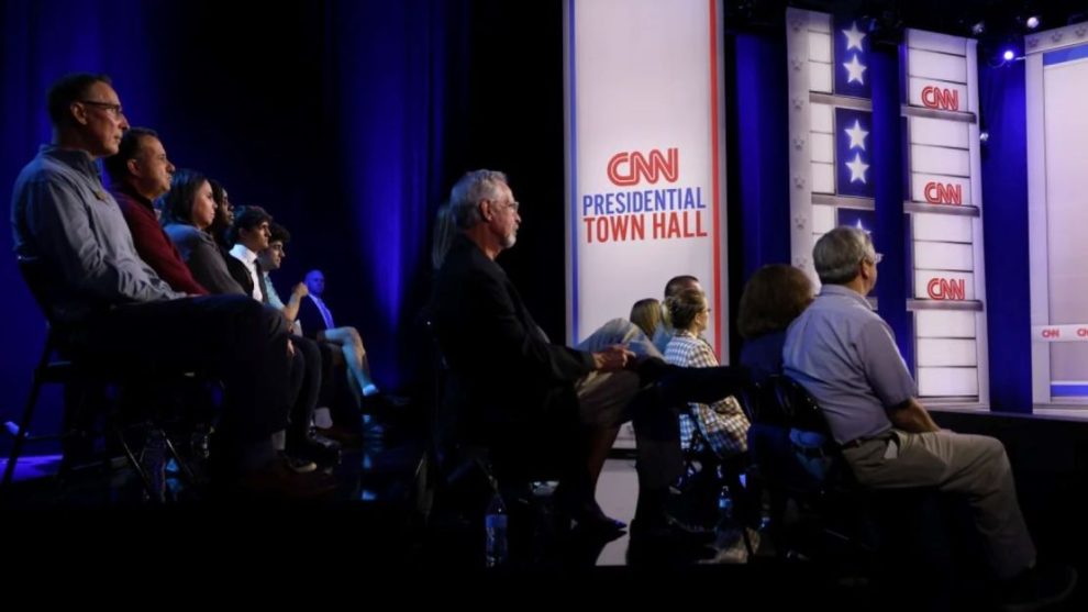 Audience members watch as Vice President Kamala Harris participates in a  town hall in Delaware County, Pennsylvania, on October 23.