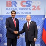 Photograph provided by Miraflores press of the president of Venezuela, Nicolás Maduro, greeting the president of Russia, Vladimir Putin, during the BRICS summit in Kazan, Russia.