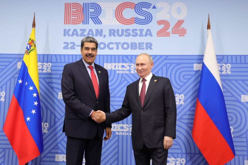 Photograph provided by Miraflores press of the president of Venezuela, Nicolás Maduro, greeting the president of Russia, Vladimir Putin, during the BRICS summit in Kazan, Russia.