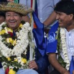 Luis Arce and Evo Morales, at an event for the 28th anniversary of the MAS in Chapare, in March 2023