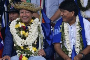 Luis Arce and Evo Morales, at an event for the 28th anniversary of the MAS in Chapare, in March 2023