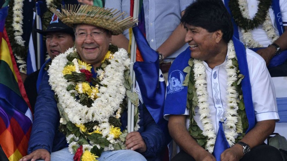 Luis Arce and Evo Morales, at an event for the 28th anniversary of the MAS in Chapare, in March 2023