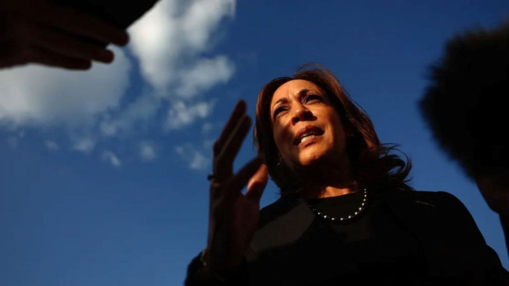 Vice President Kamala Harris speaks to the media before departing for New York from Joint Base Andrews, Maryland, Oct. 7, 2024.