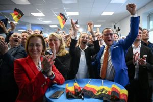 AfD party co-chairs Alice Weidel and Tino Chrupalla react to an exit poll in the EU elections in Berlin, June 9, 2024. Credit: Annegret Hilse/Reuters