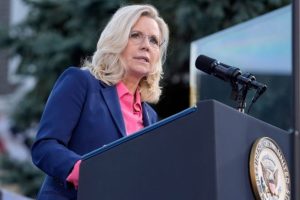 Former Rep. Liz Cheney speaks at a campaign event for Vice President Kamala Harris at Ripon College in Ripon, Wisconsin, on Thursday, Oct. 3, 2024.