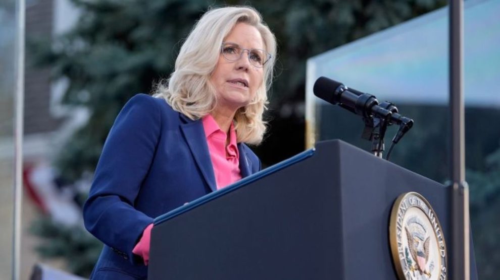 Former Rep. Liz Cheney speaks at a campaign event for Vice President Kamala Harris at Ripon College in Ripon, Wisconsin, on Thursday, Oct. 3, 2024.