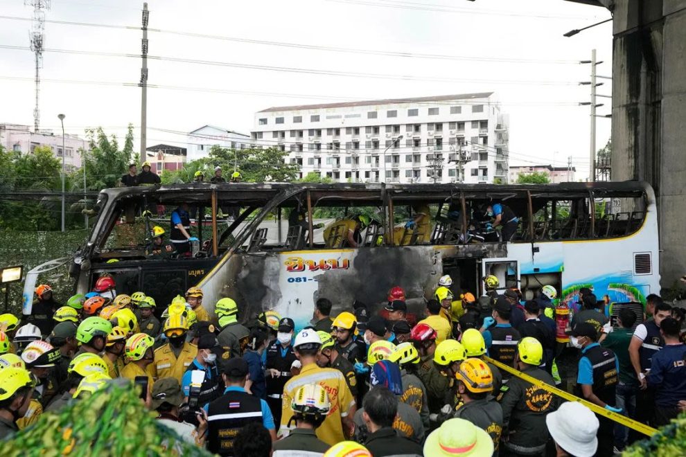 The bus caught fire while transporting young students to their teachers in the suburbs of Bangkok.