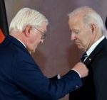 German President Frank-Walter Steinmeier honors his American counterpart Joe Biden with the Grand Cross Order of Special Merit, the highest civilian honor in Germany, in Berlin, October 18, 2024.