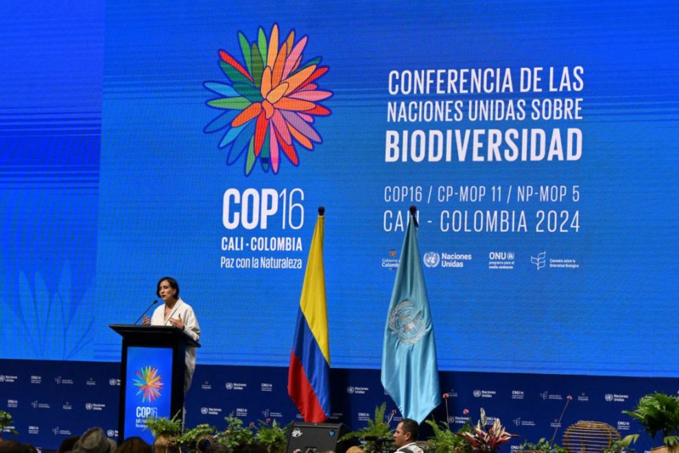 Colombia's Environment Minister Susana Muhamad delivers a speech during the opening ceremony of the COP16 summit in Cali, Colombia, on October 20, 2024. Credit: JOAQUIN SARMIENTO/AFP via Getty Images.