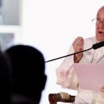 Pope Francis speaks at an interfaith meeting at the Istiqlal mosque in Jakarta, Indonesia, on September 5, 2024.