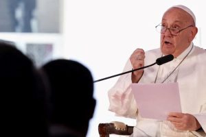 Pope Francis speaks at an interfaith meeting at the Istiqlal mosque in Jakarta, Indonesia, on September 5, 2024.