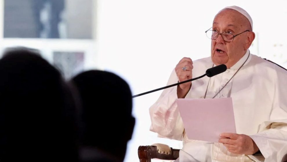 Pope Francis speaks at an interfaith meeting at the Istiqlal mosque in Jakarta, Indonesia, on September 5, 2024.