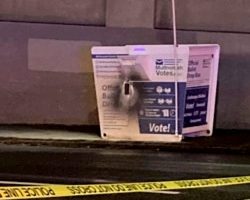 This image released by the Portland Police Bureau shows a ballot box after an incendiary device was discovered inside it, in Portland, Oregon, on October 28, 2024.