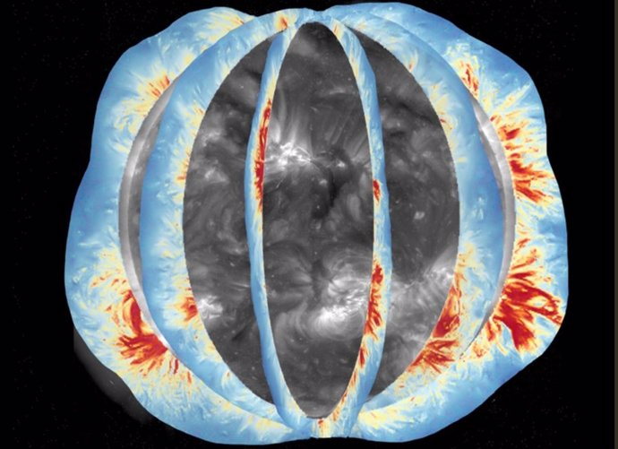 Illustration of the global coronal magnetic field as the Sun rotates. The background shows the solar corona observed in the extreme ultraviolet waveband, with maps of the global coronal magnetic field measured at different times superimposed