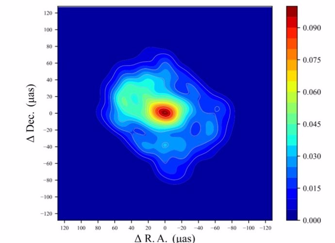 Radio image of Sagittarius A star in the center of the Milky Way, obtained from a new analysis carried out by new research. The structure extends from east to west.