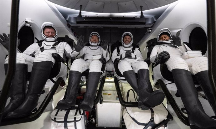 NASA SpaceX Crew 8 members, from left, Roscosmos cosmonaut Alexander Grebenkin and NASA astronauts Michael Barratt, Matthew Dominick and Jeanette Epps,