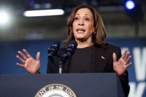 Harris speaks at a campaign event in Waterford Township, Michigan, on October 18, 2024.