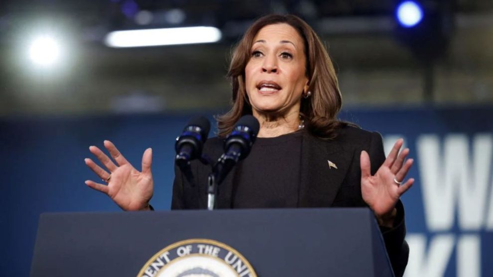 Harris speaks at a campaign event in Waterford Township, Michigan, on October 18, 2024.