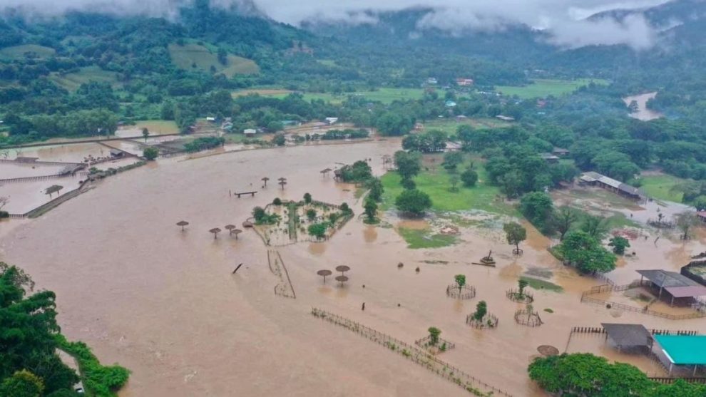 View of the flooded elephant sanctuary in Chiang Mai, Thailand.