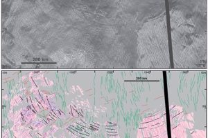 A radar image (top) and geological map (bottom) of the Haastte-baad tile (pink), cut by a set of unique concentric rings (black) that record a type of impact crater recently recognized on Venus.